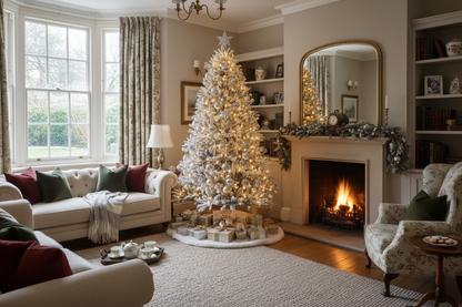 a beatiful christmas tree a white one in a englisch cozy living room 