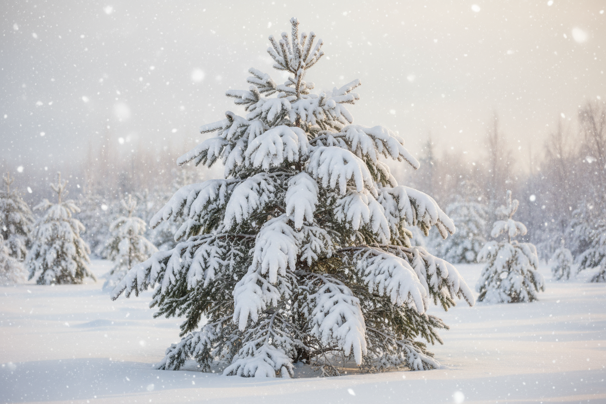 a beautiful a real christmas tree with a lot of snow