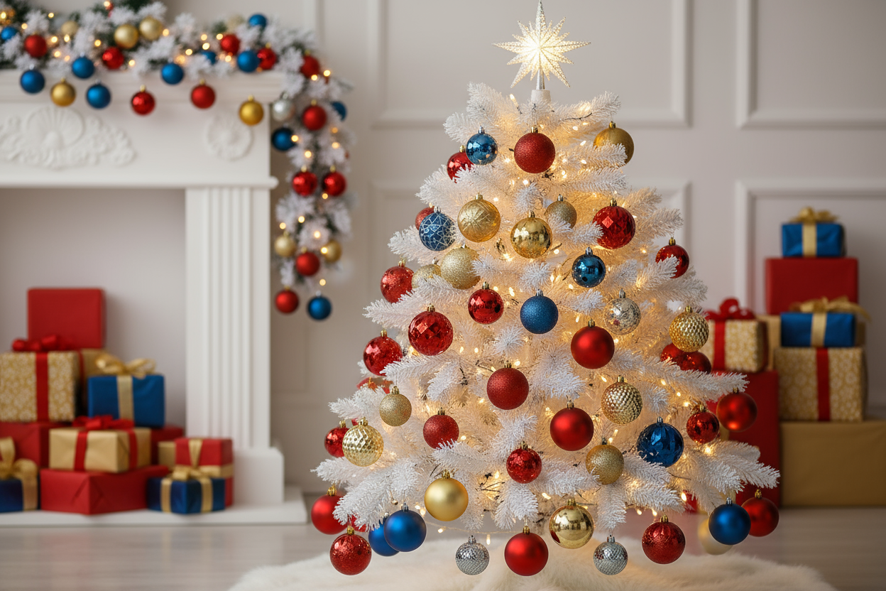 a white tree in christmas with balls 